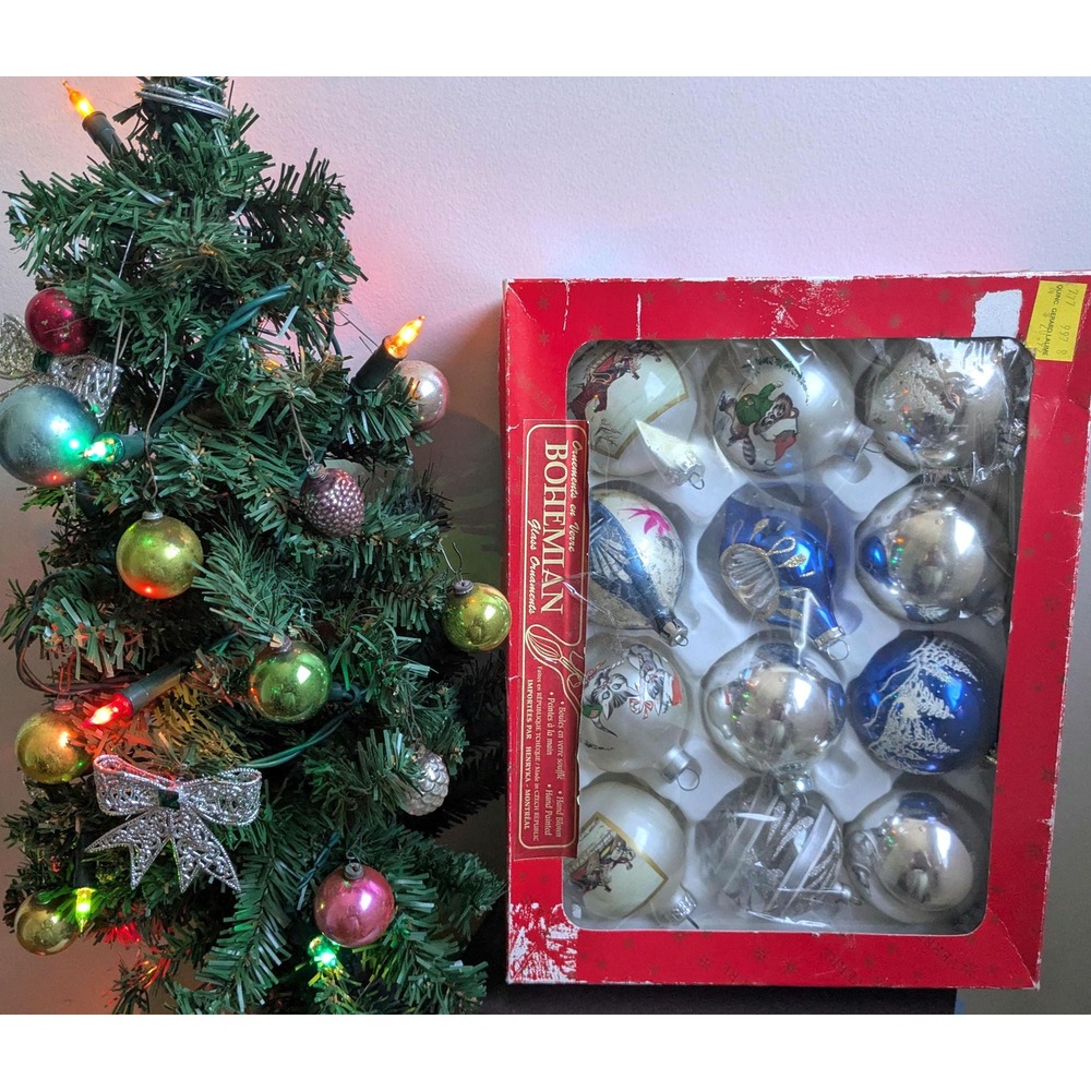 Vintage Bohemian Czech Hand Blown Glass Christmas Ornaments Set of 12 in box
